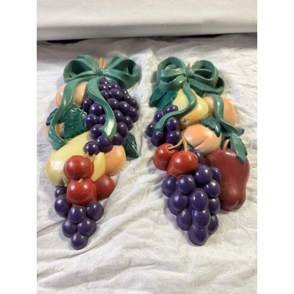 Vintage Burwood Home Interiors Fruit Wall Plaque Set 5pc Grapes Apple Pepper
